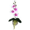 Arranjo de Mini Orquidea Branca com Roxo Vaso Cerâmica Prata Redondo