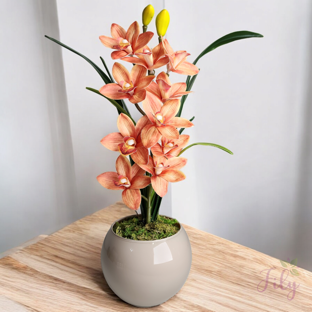 Arranjo de Orquídea Cymbidium Laranja Vaso vidro nude