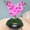Arranjo com duas orquídeas rosa vaso cerâmica preto fosco