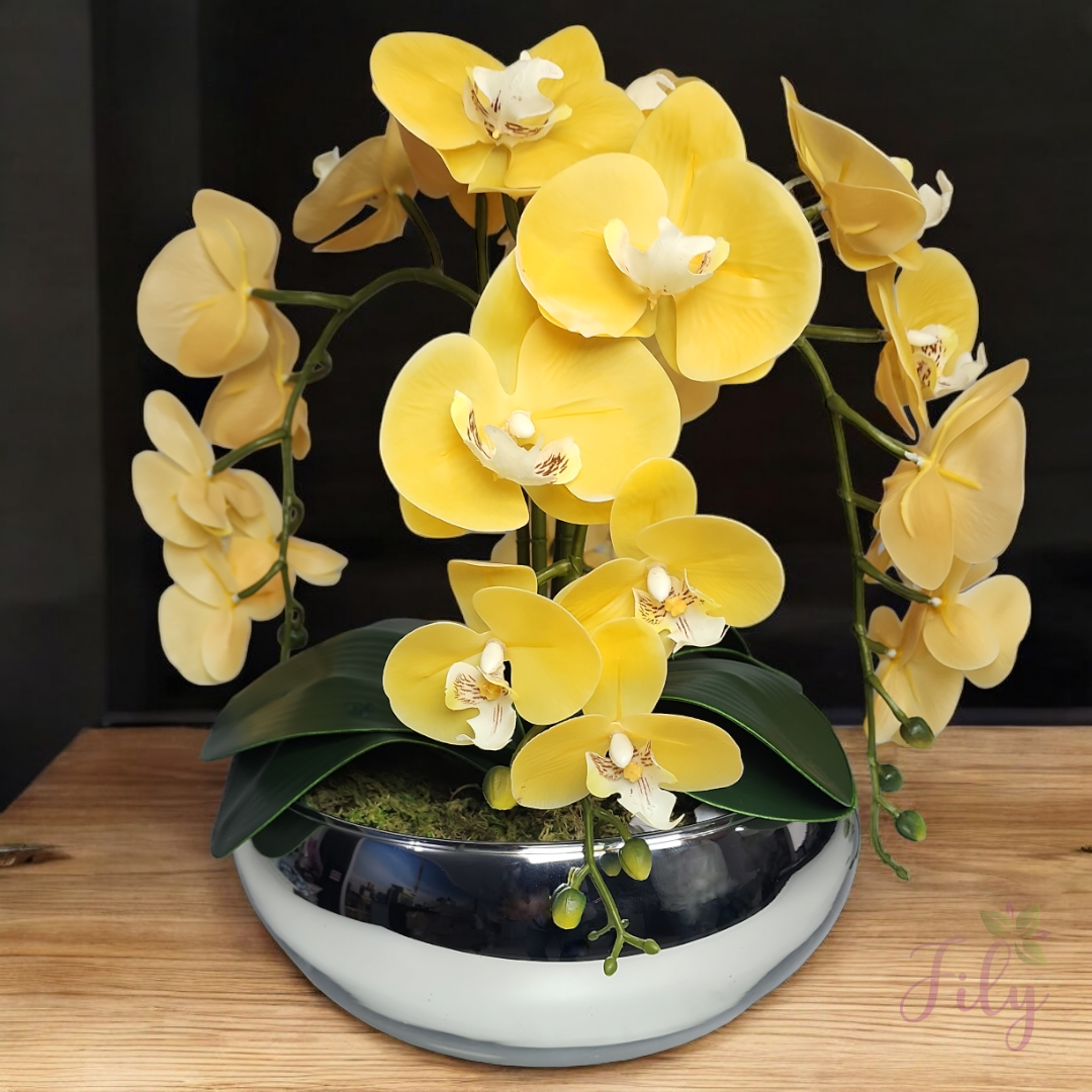 Arranjo com quatro orquídeas amarela vaso de vidro Lagoon prata