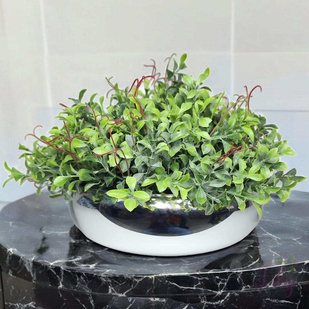 Arranjo de verdinhos Fabi vaso bacia Vidro Florarte Prata