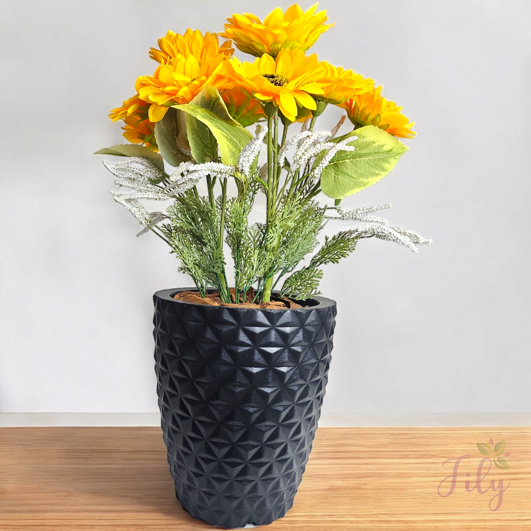 Arranjo de girassol com lavanda branca vaso Poli Preto