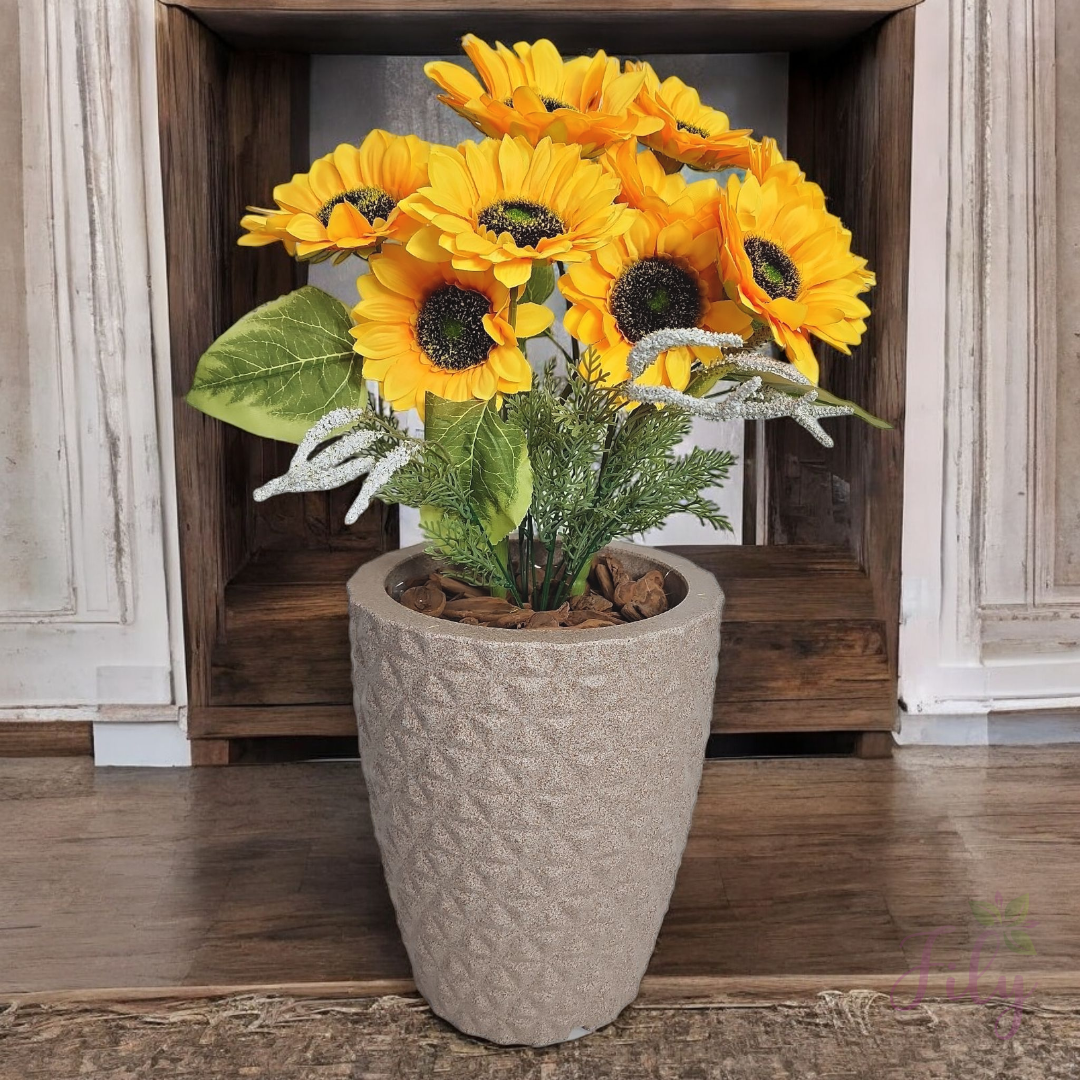 Arranjo de girassol com lavanda branca vaso Poli Rose