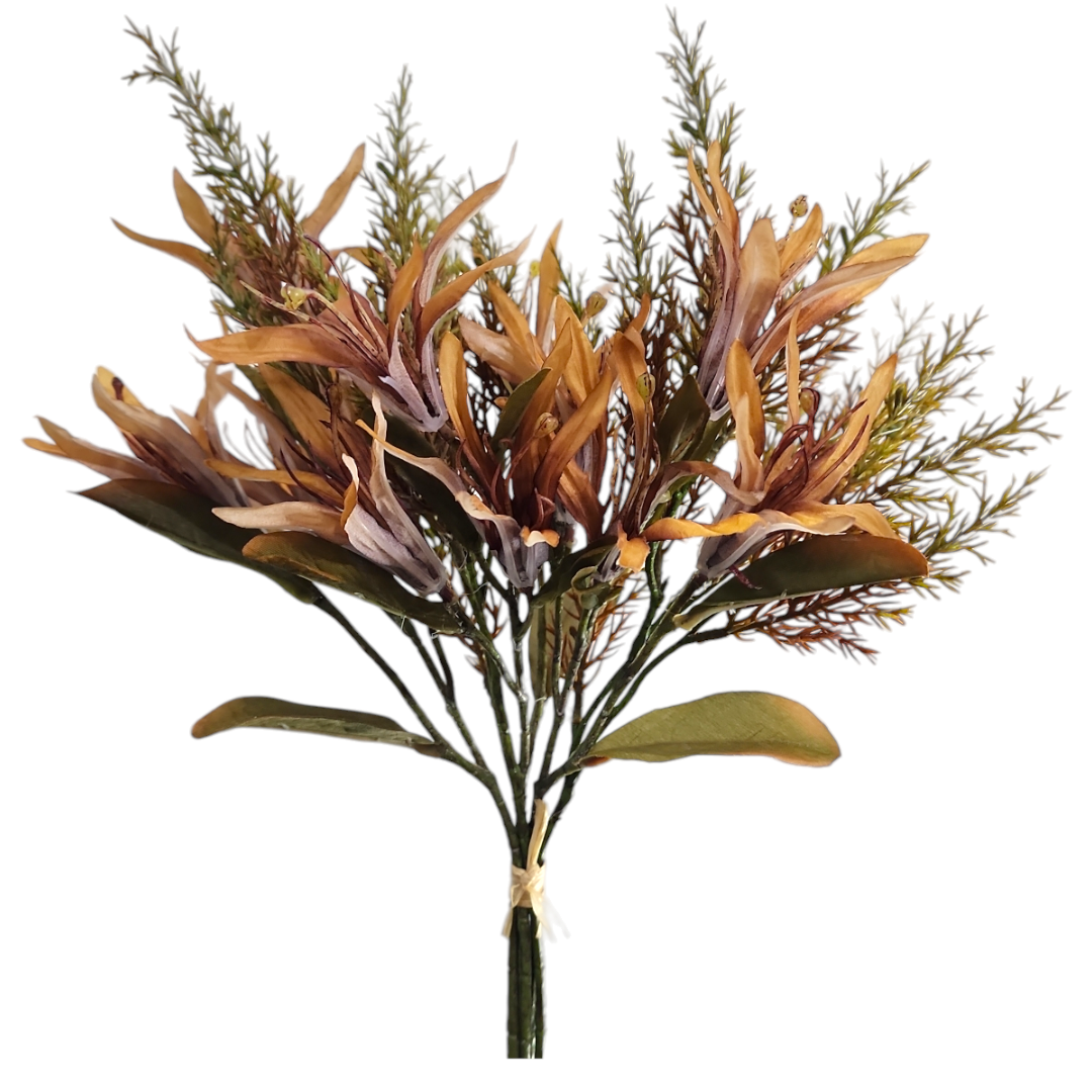 Buque Lírio Ramalhete com fita x5 Hastes ocre outono A 39cm x L 25cm